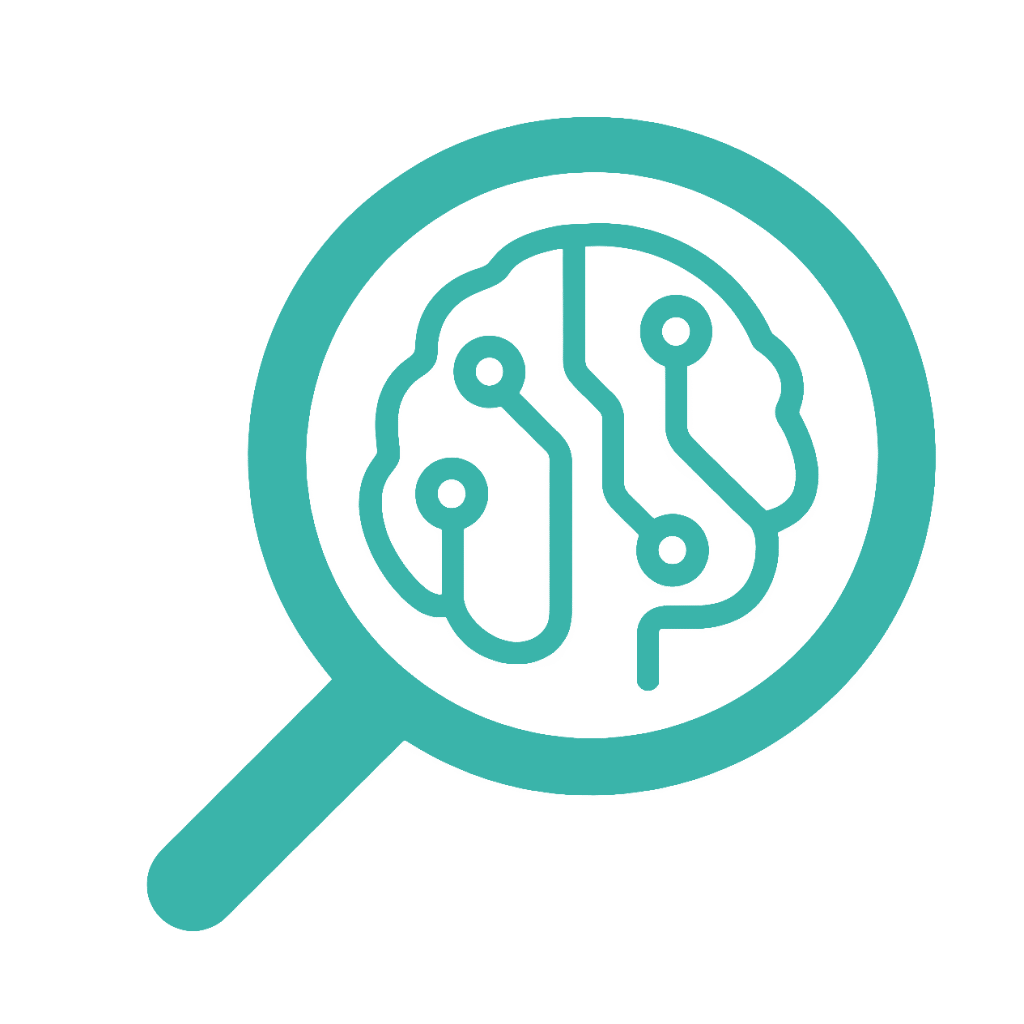 Minimalist blue magnifying glass logo with a digital brain icon representing AI insights and simplified discovery.